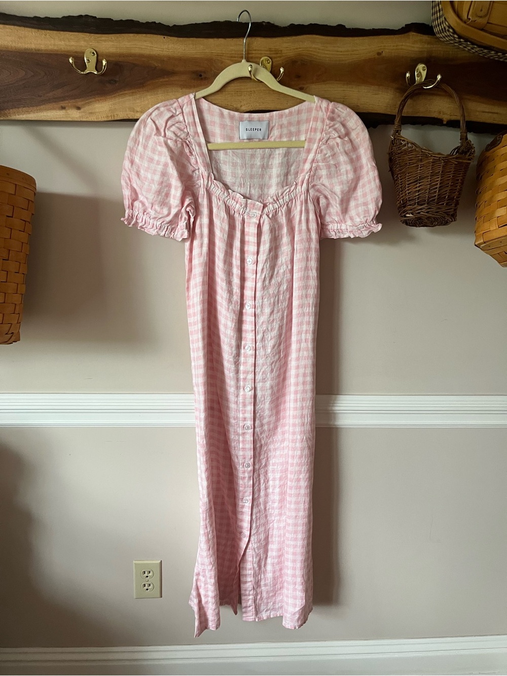 Sleeper Womens Brigitte Linen Midi Dress Without Belt Small Gingham Pink
